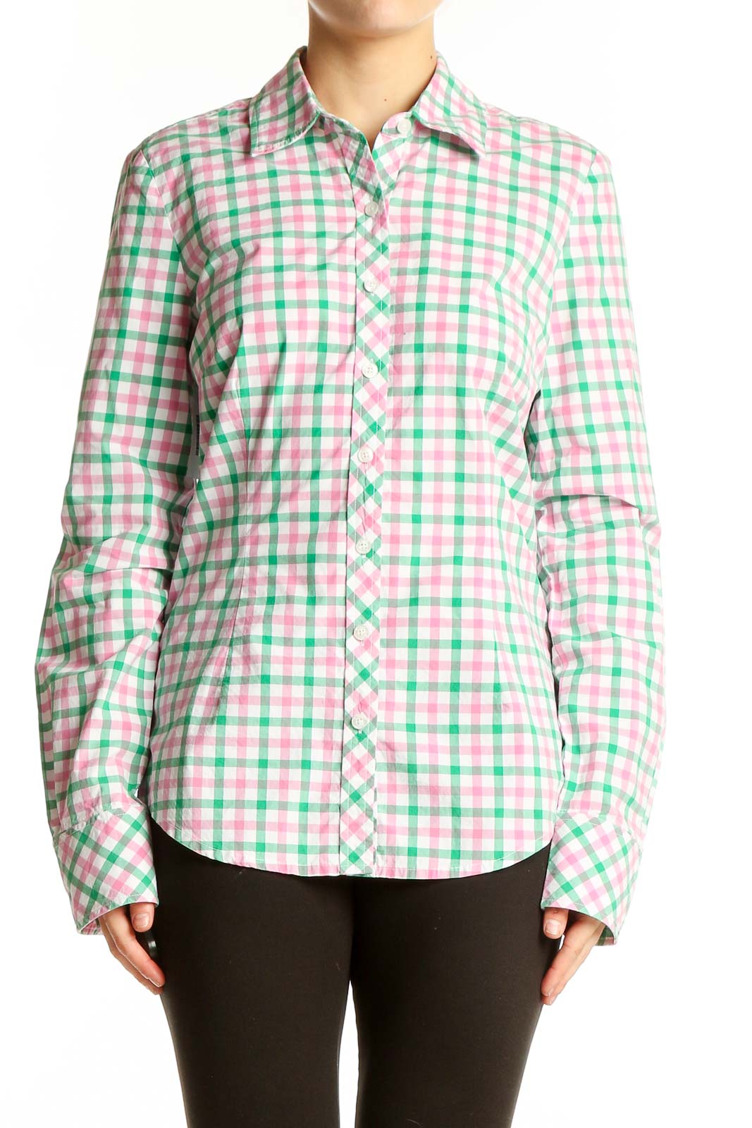 Green and Pink Gingham Button-Up Shirt Front