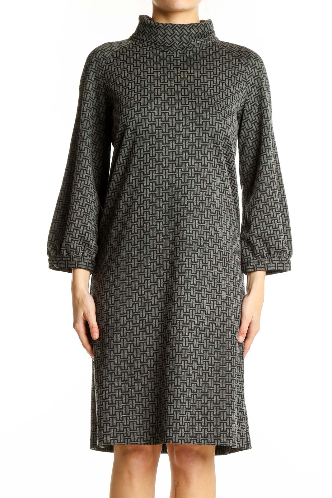 Gray Geometric Print Turtleneck Dress Front