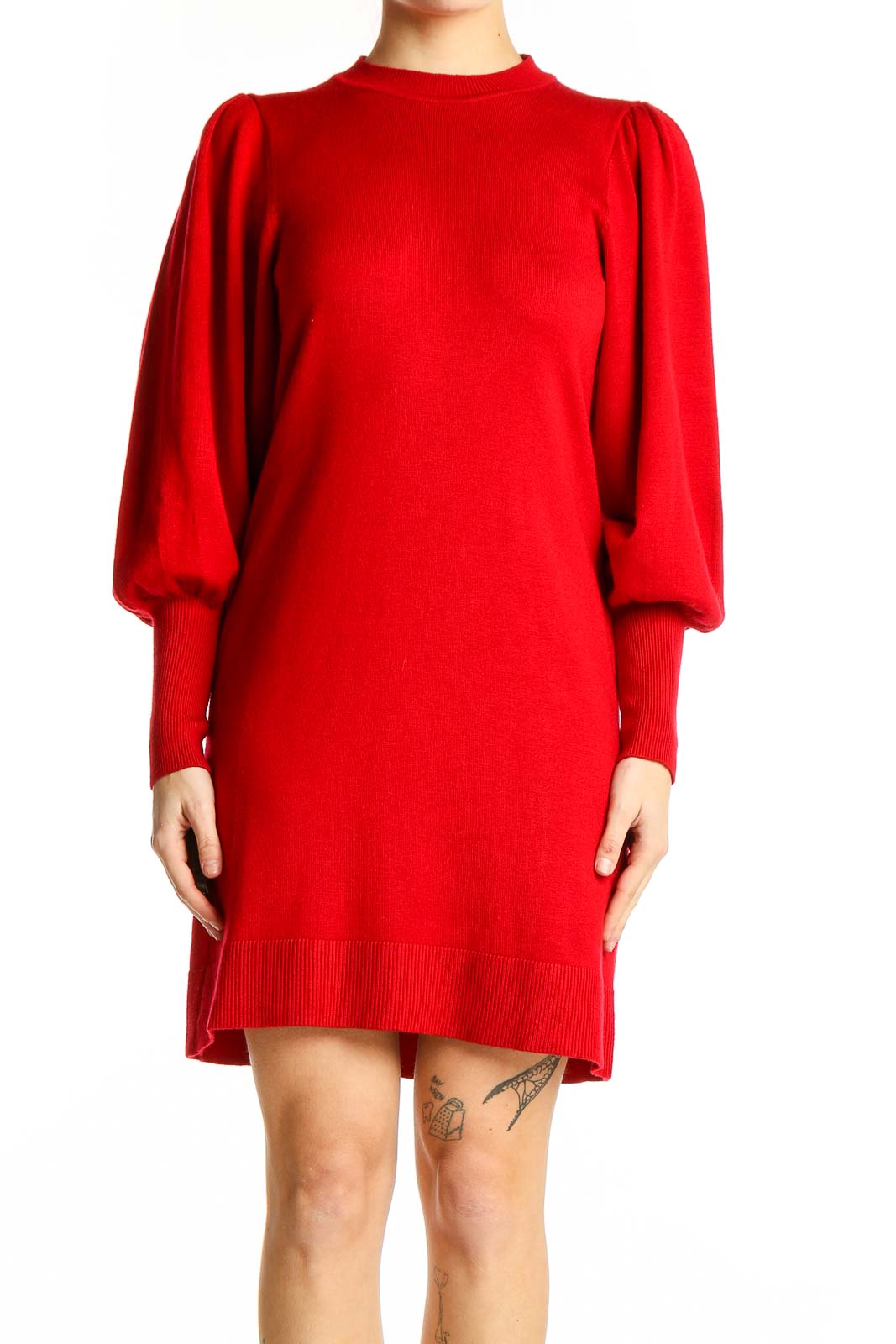Red Puff Sleeve Sweater Dress Front