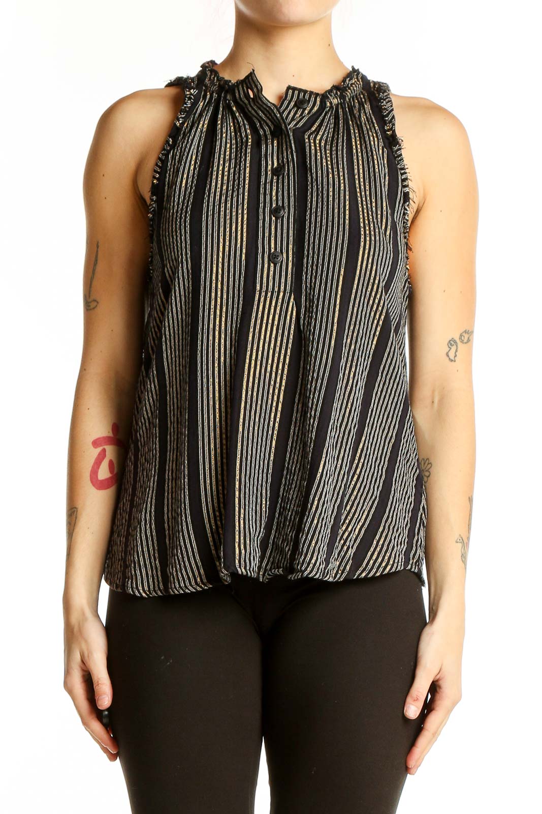 Black Striped Sleeveless Blouse Front