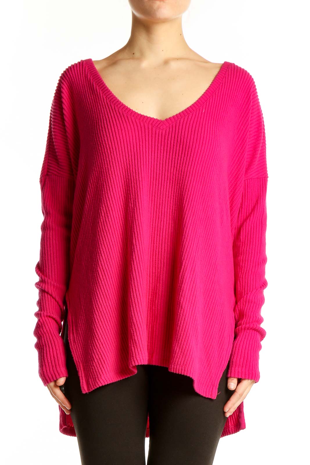 Hot Pink Oversized V-Neck Ribbed Sweater Front