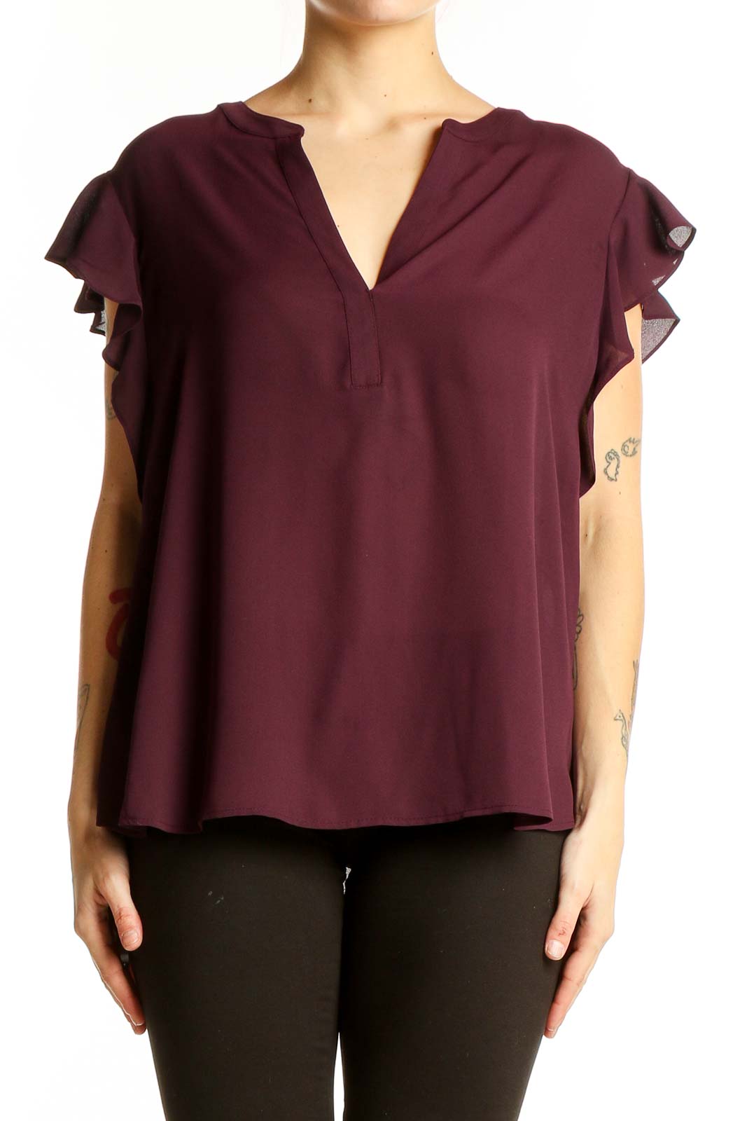 Burgundy Ruffled Sleeve V-Neck Blouse Front