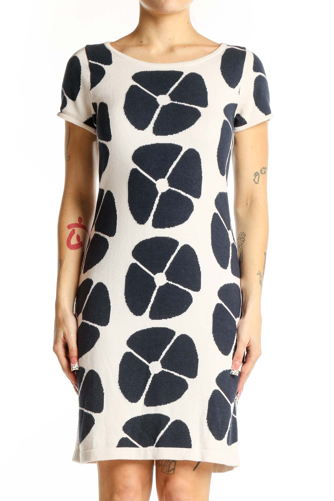 Navy and White Floral Print Knit Dress Front
