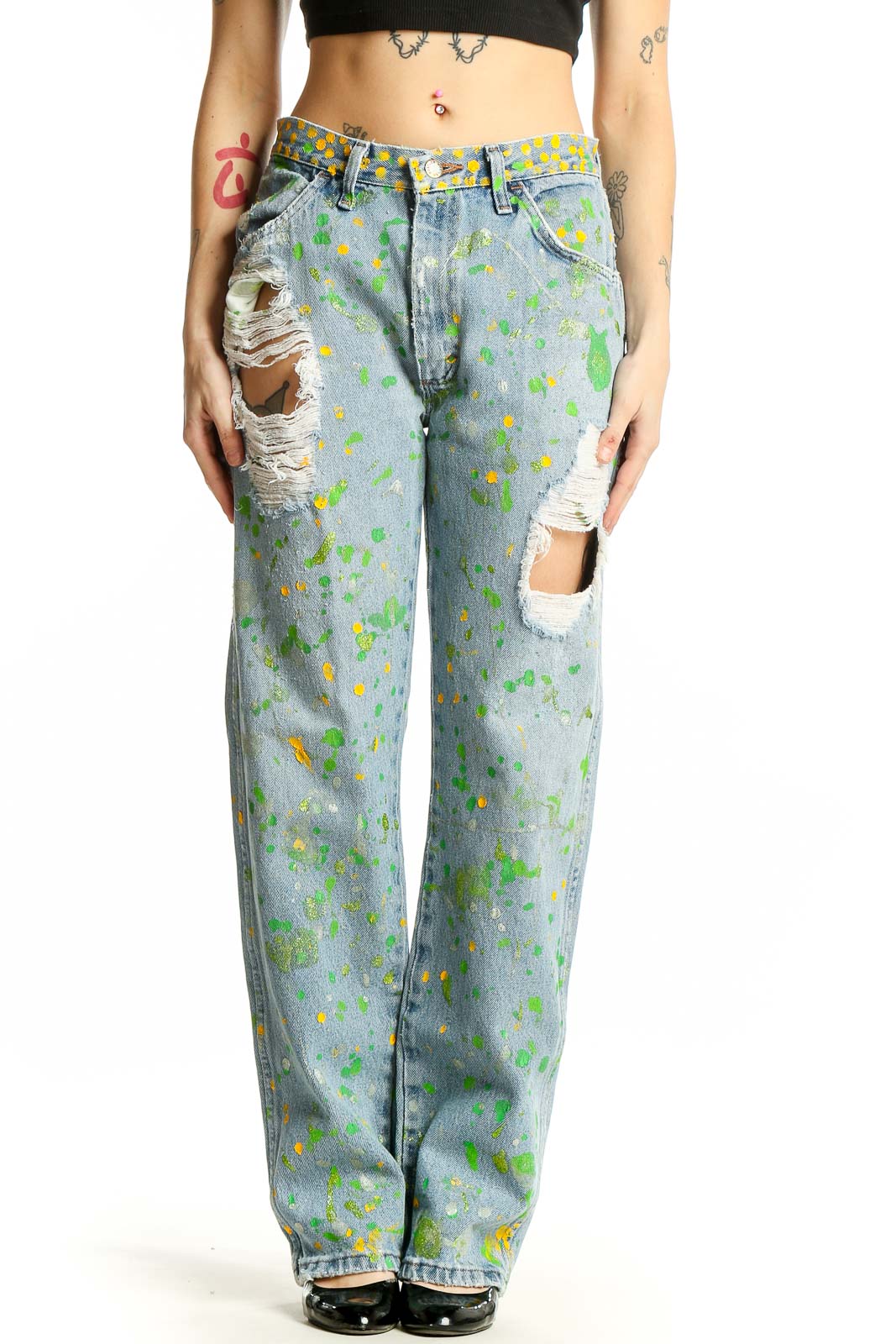 Light Blue Splatter Paint Distressed Jeans Front