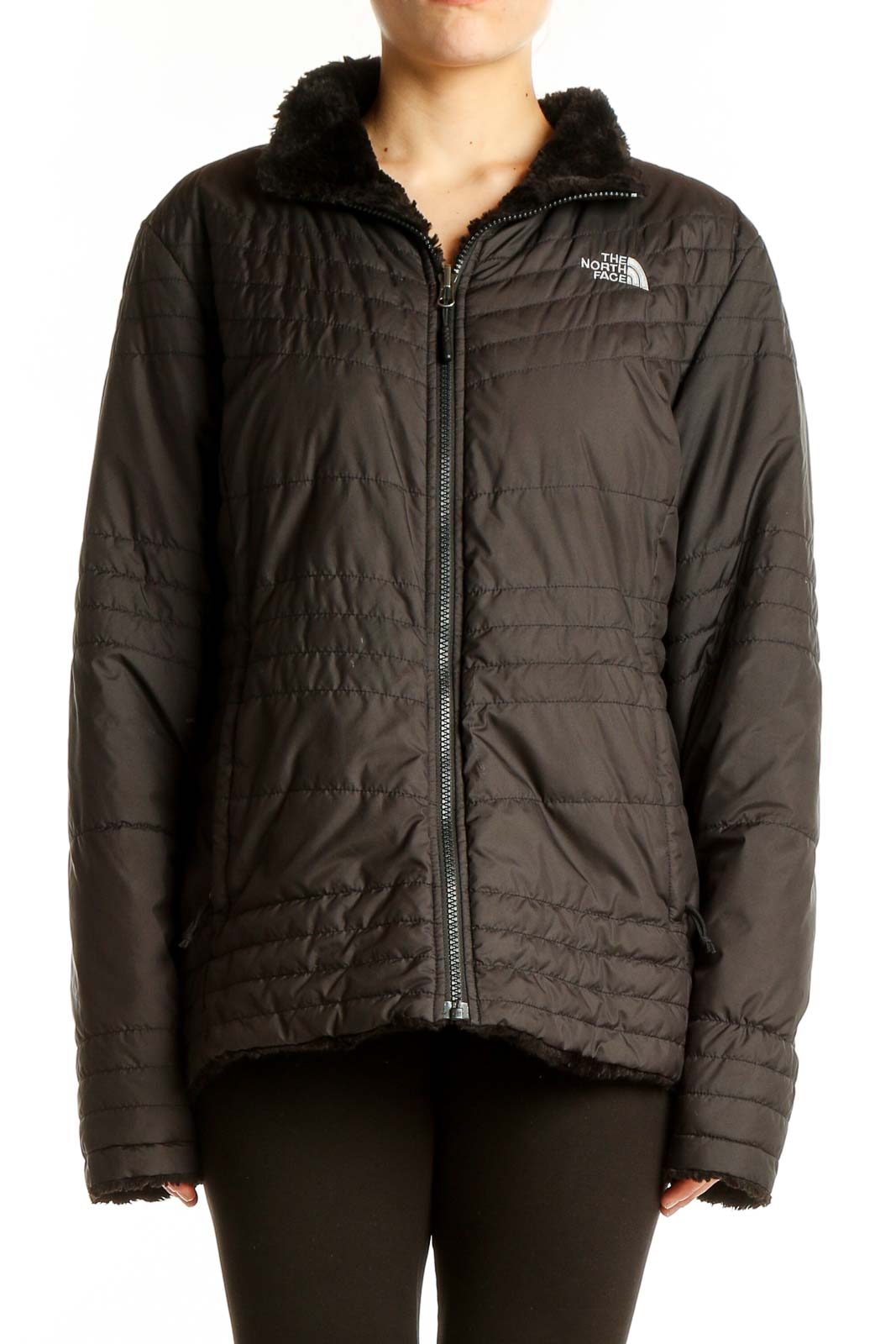 Black Quilted Polyester Jacket Front