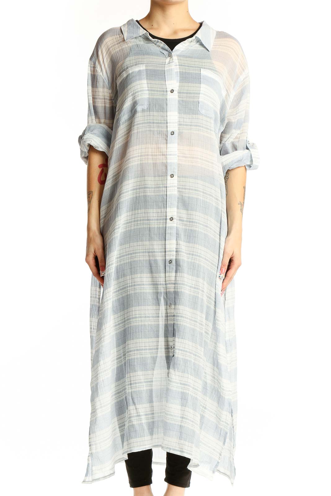 Light Blue Plaid Cotton Maxi Shirt Dress Front