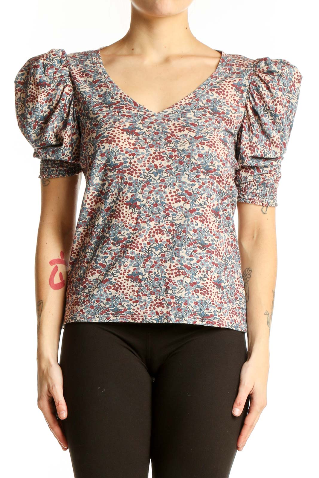 Multicolor Floral Puff Sleeve Top Front