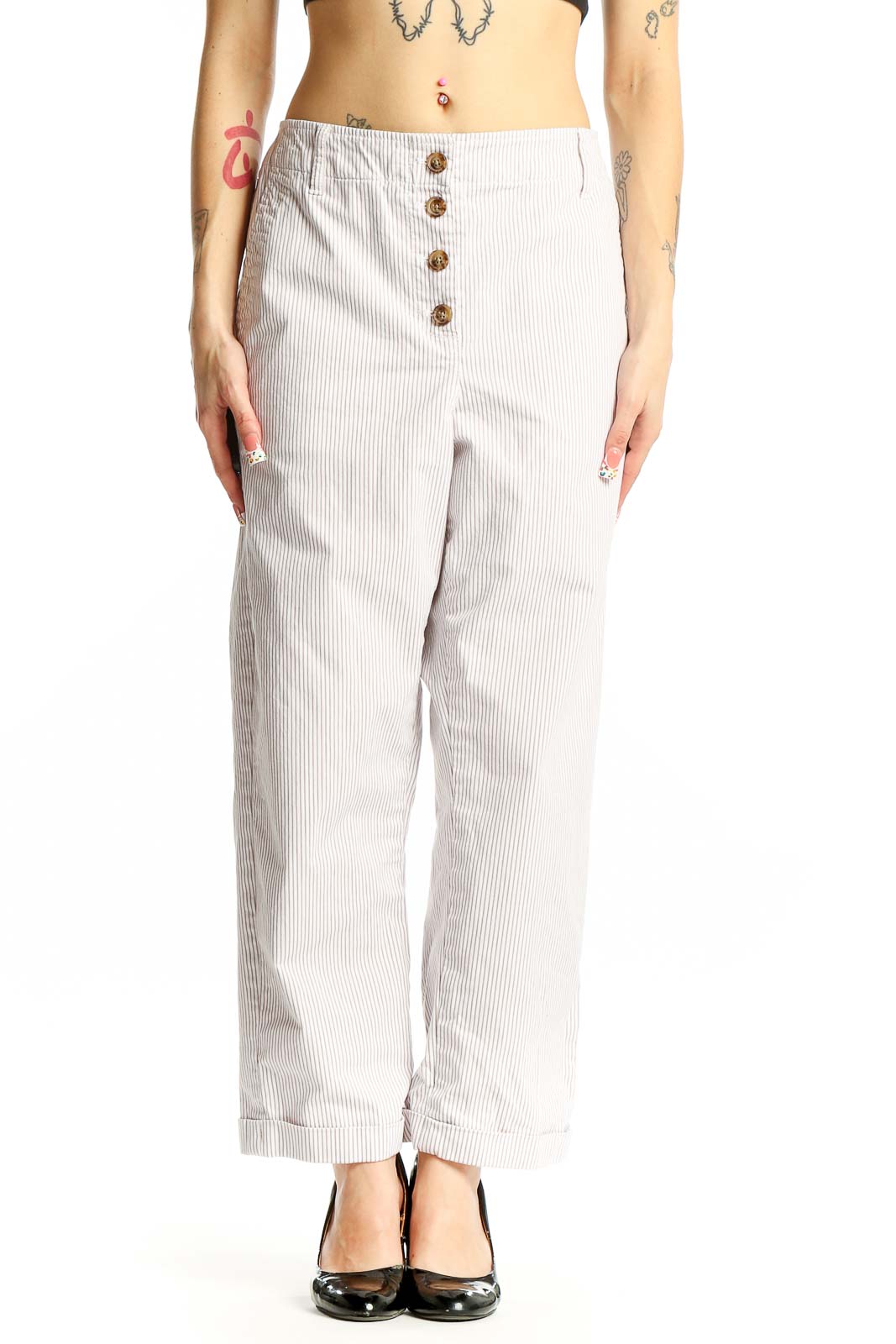 White Striped Cotton-Blend Wide-Leg Pants Front