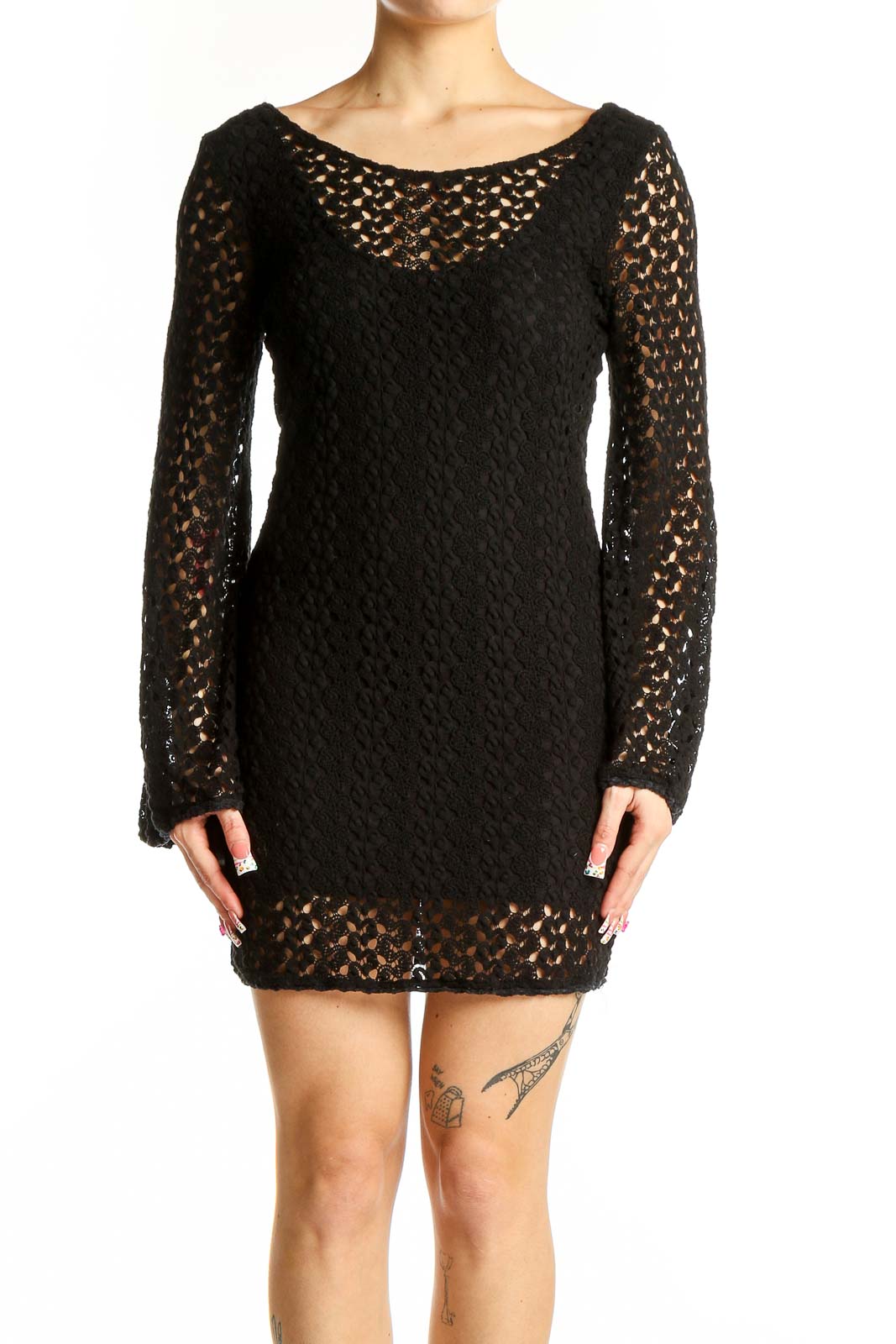 Black Crochet Knit Mini Dress Front