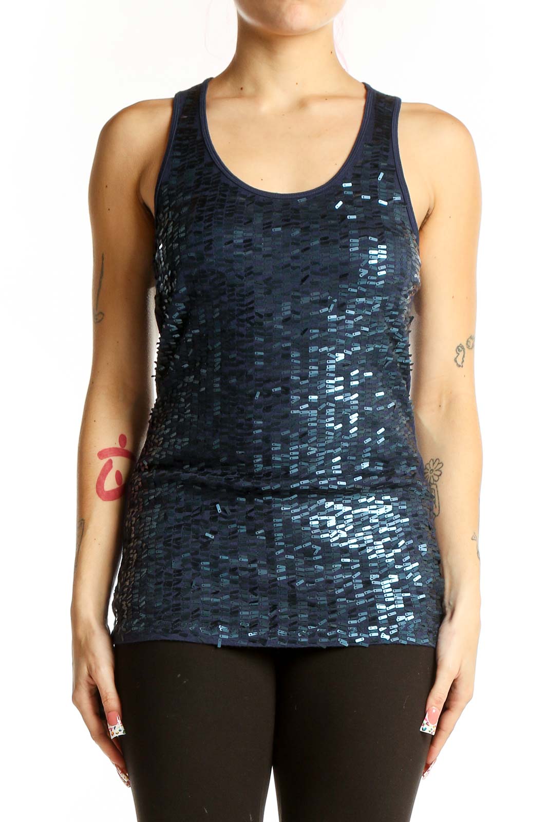 Navy Sequined Racerback Tank Top Front