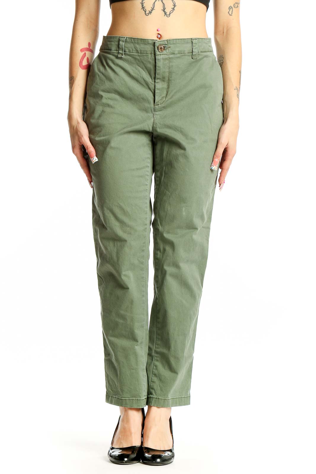 Olive Green Cotton-Blend Chino Pants Front
