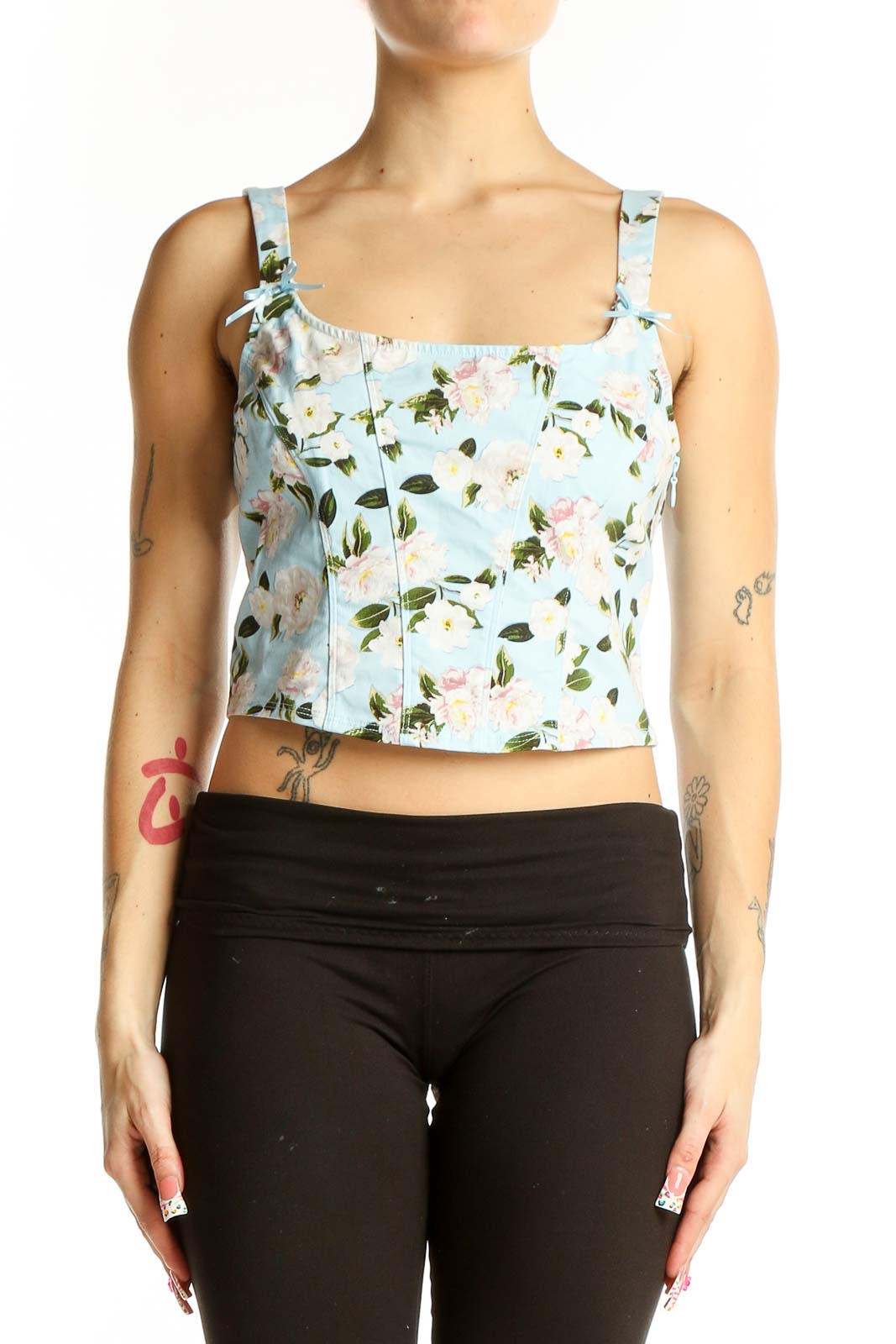 Light Blue Floral Crop Tank Top Front