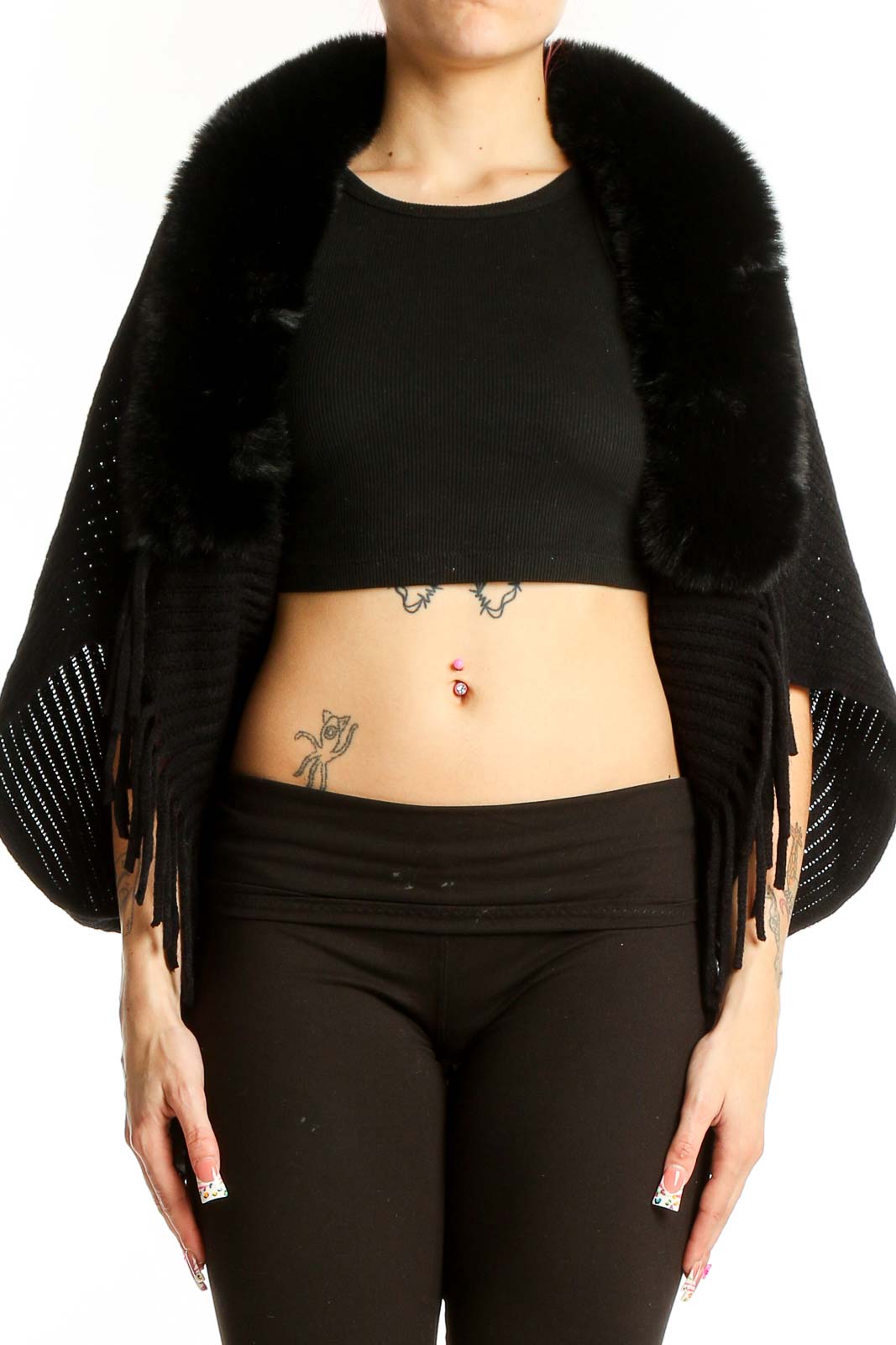 Black Fringed Fur-Collar Knit Shawl Front