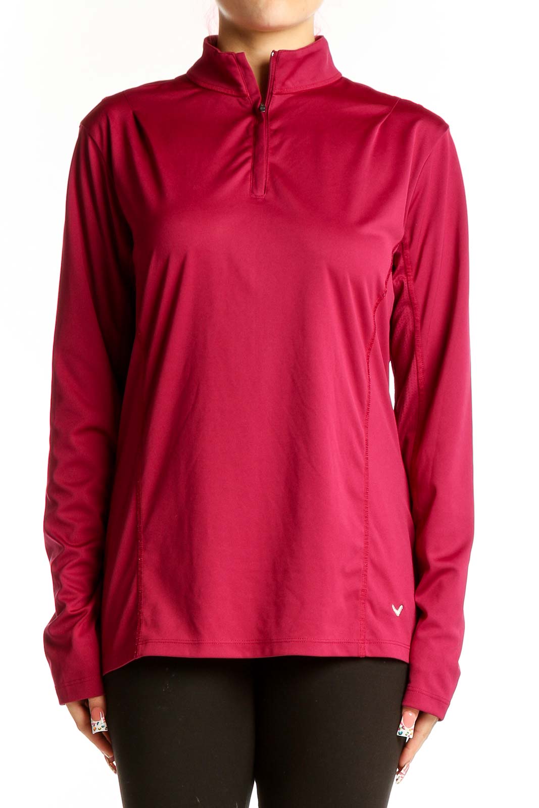 Red Polyester Quarter-Zip Activewear Top Front