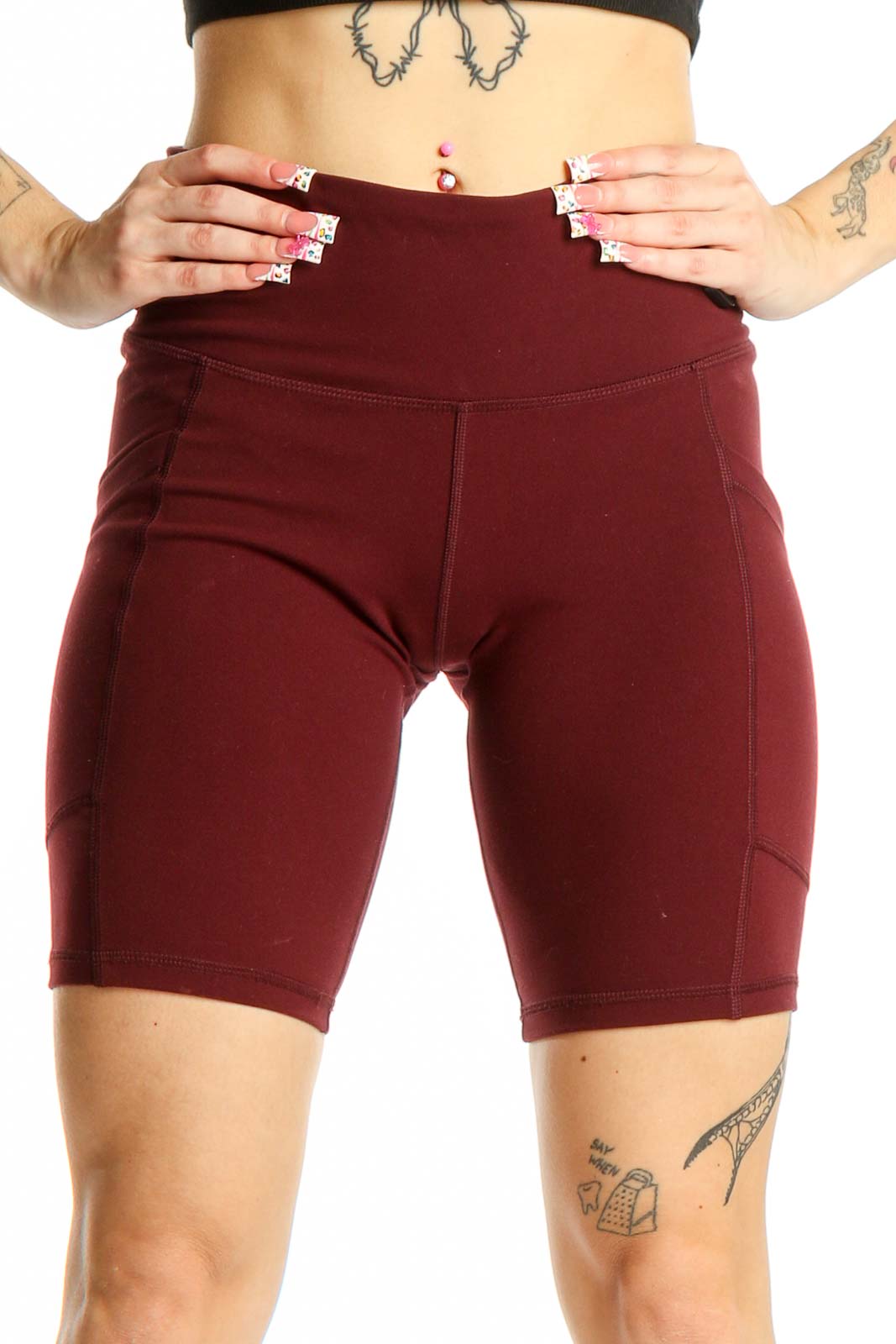 Burgundy High-Waisted Compression Bike Shorts Front