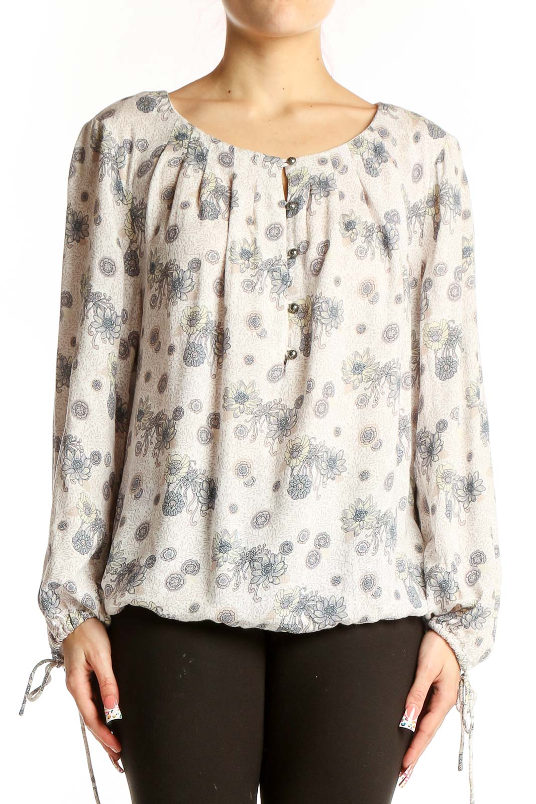 Cream Floral Print Peasant Blouse Front