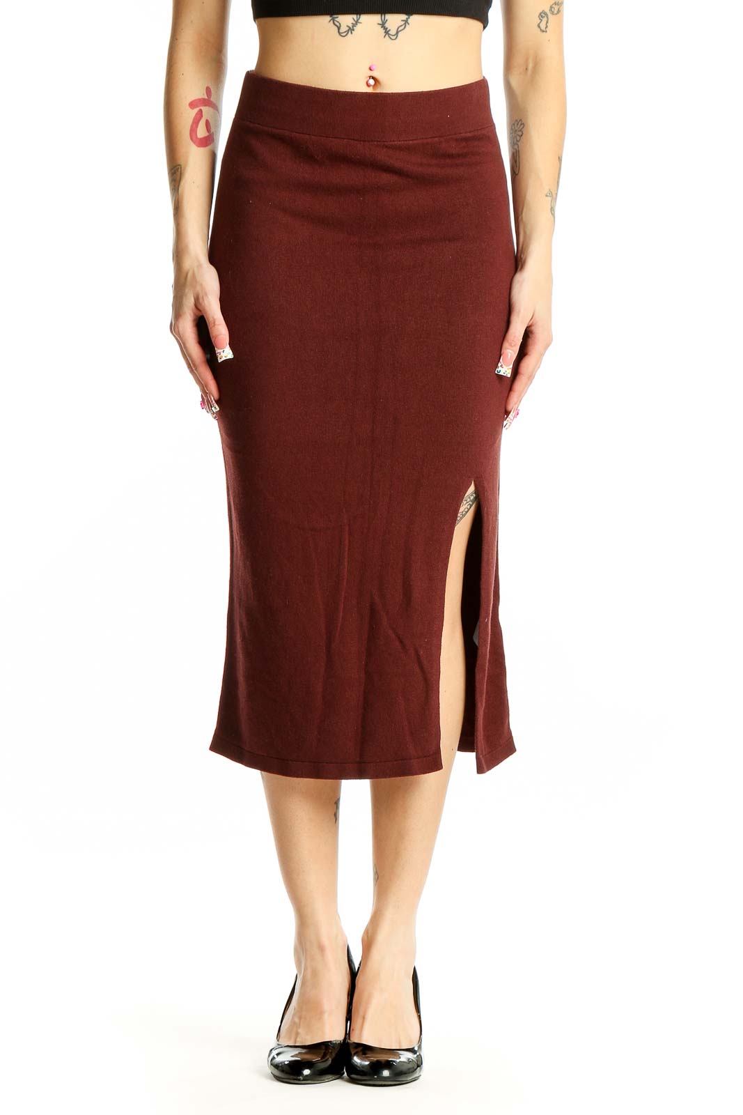 Burgundy Cotton Blend Midi Skirt Front