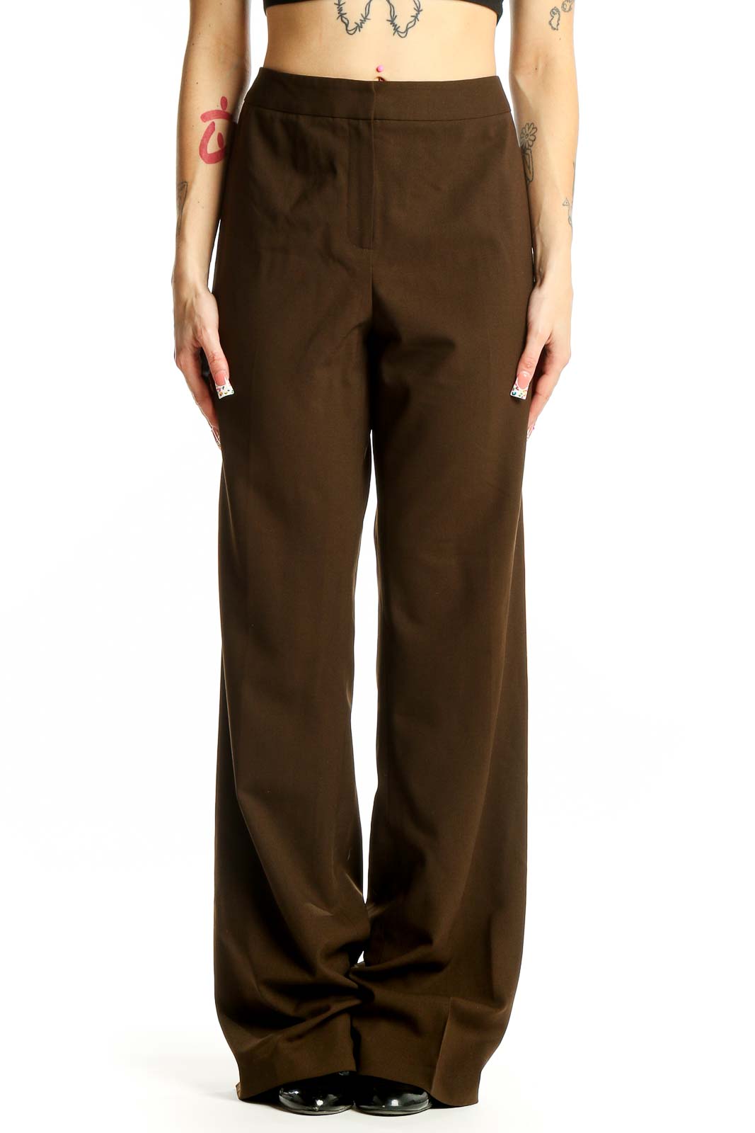 Brown Wool Blend Wide-Leg Trousers Front