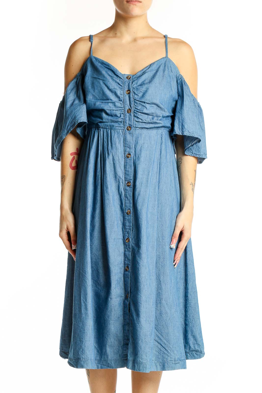 Blue Cotton Off-Shoulder Button-Front Midi Dress Front