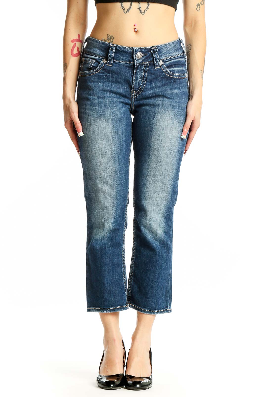 Blue Cropped Bootcut Denim Jeans Front