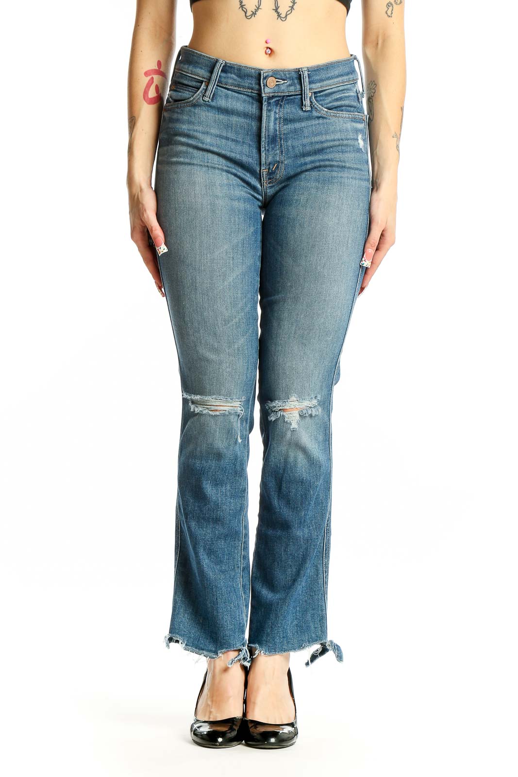 Blue Distressed Flare Jeans Front
