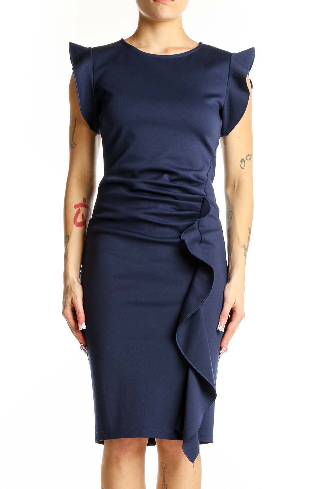 Navy Ruffle-Detail Bodycon Dress Front