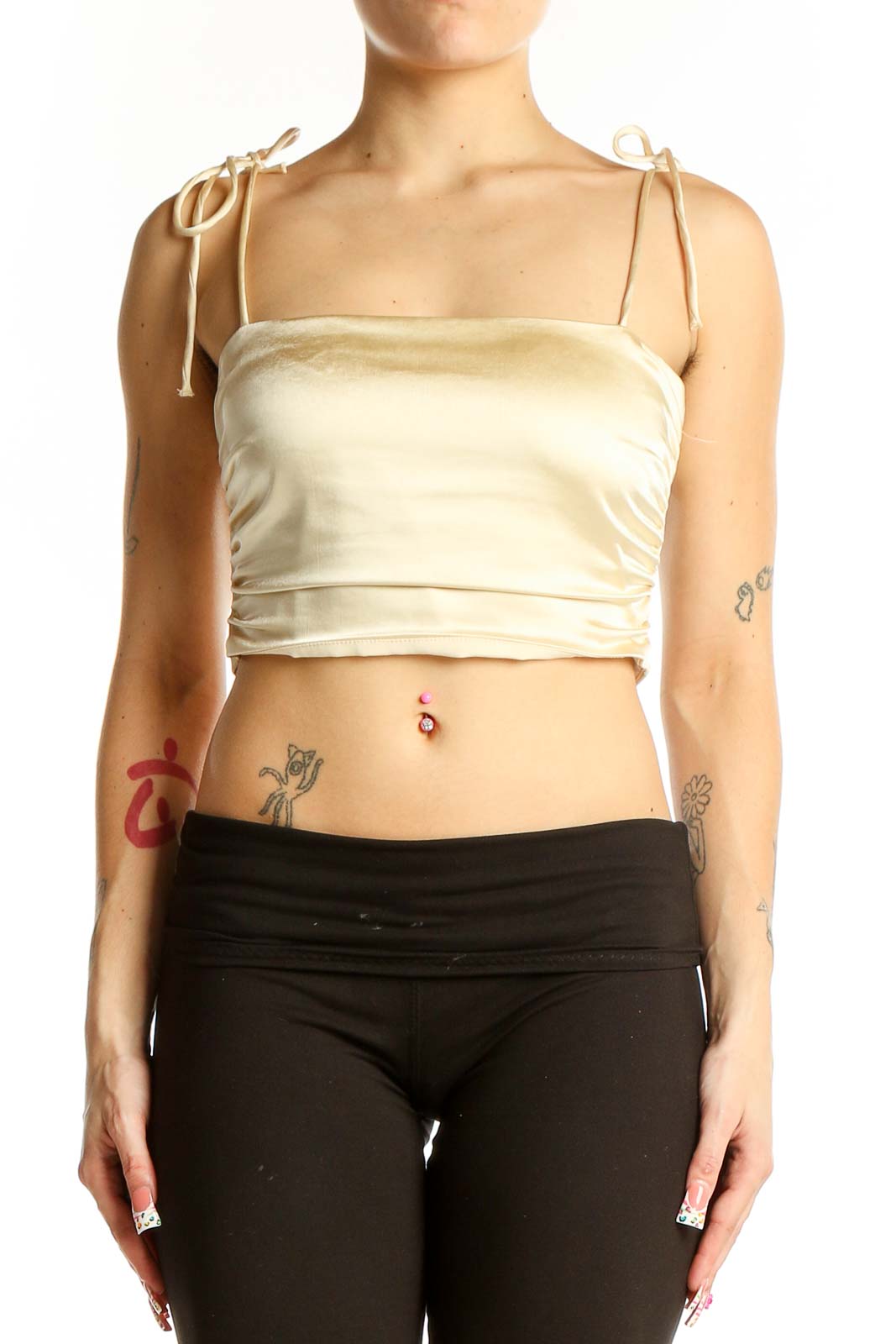 Cream Tie-Strap Cropped Tank Top Front