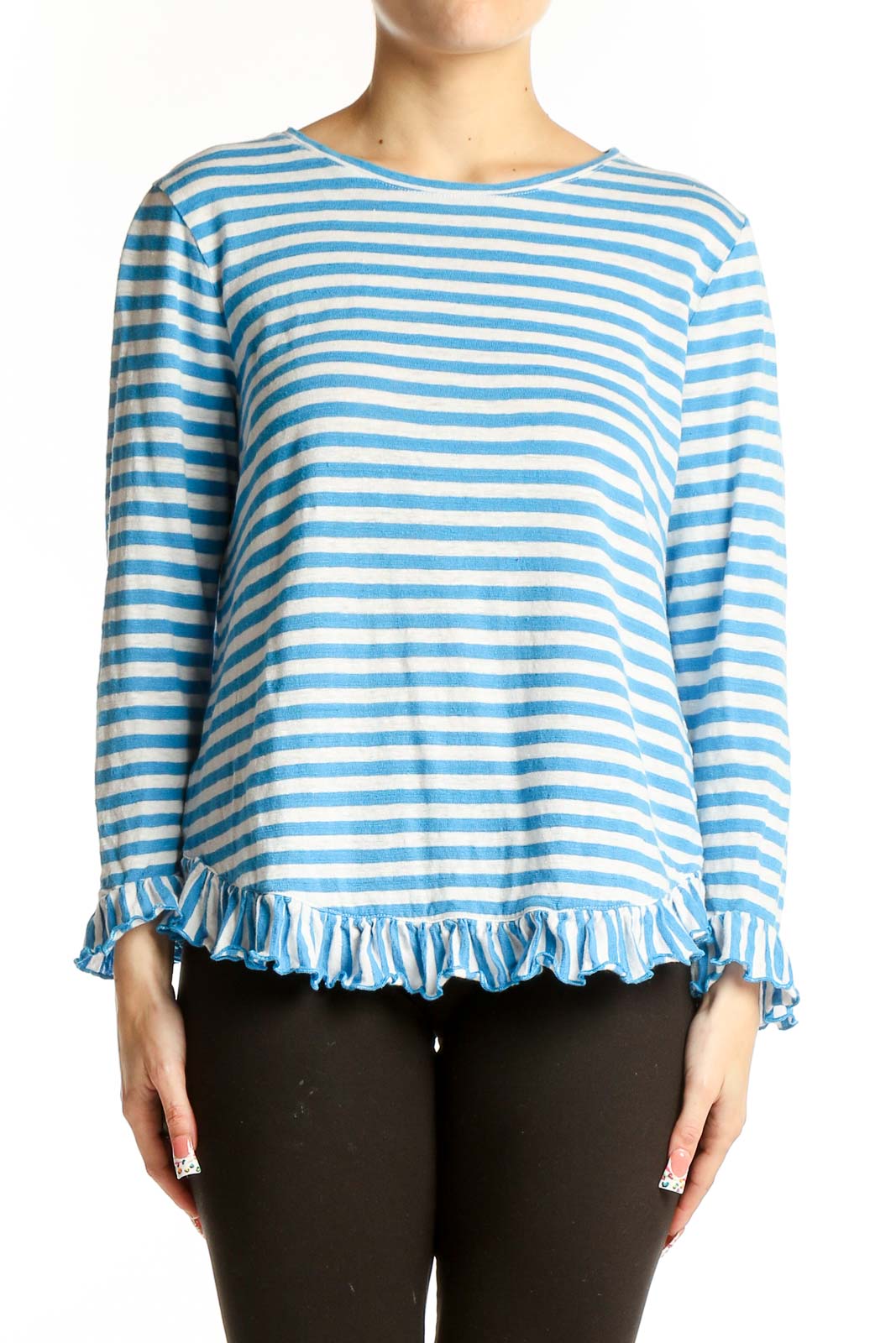 Blue Striped Ruffled Long Sleeve Top Front