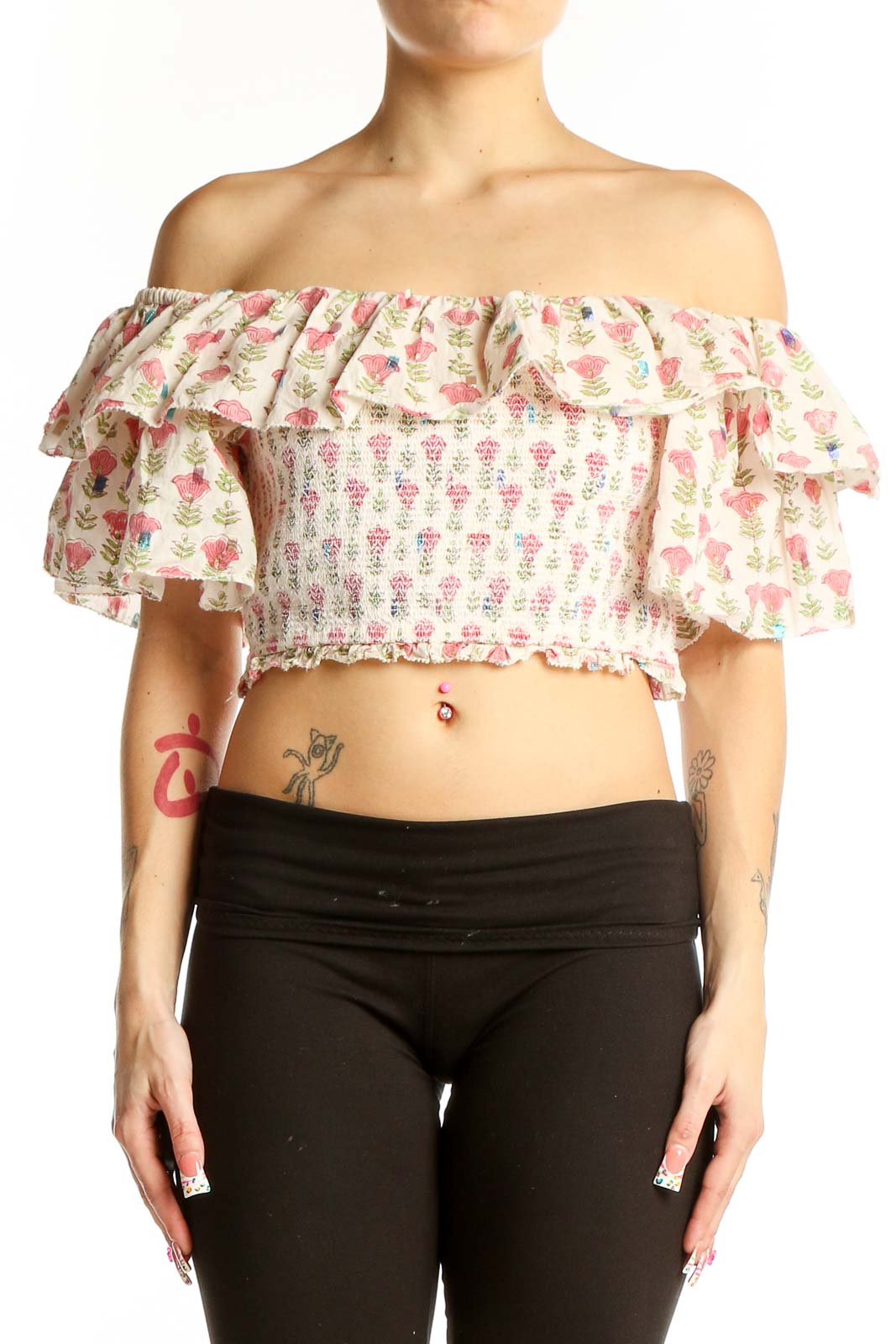 Pink Floral Off-Shoulder Crop Top Front