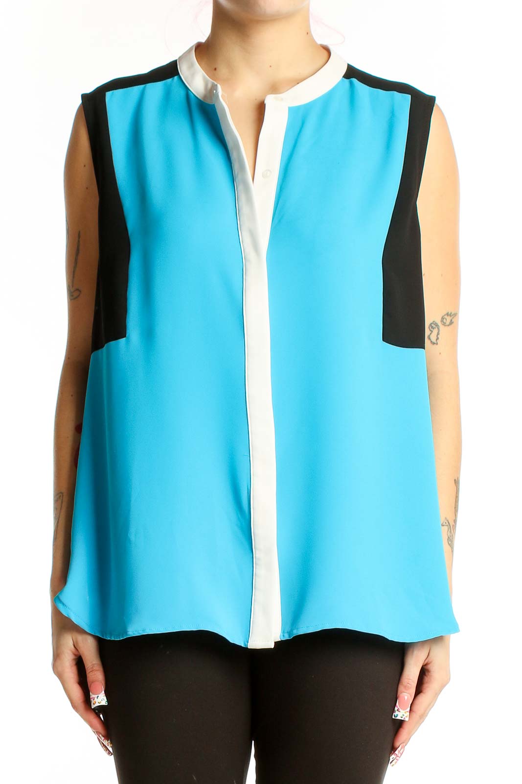 Turquoise Color-Block Sleeveless Blouse Front