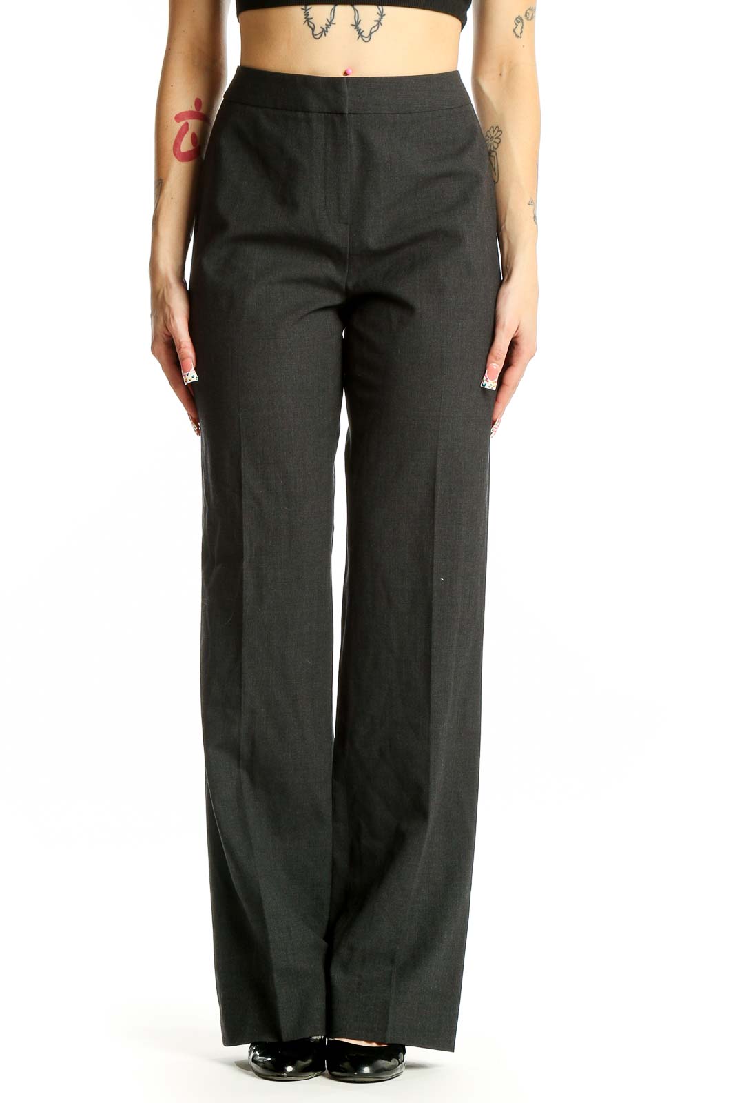 Charcoal Gray Wool Blend Wide-Leg Trousers Front