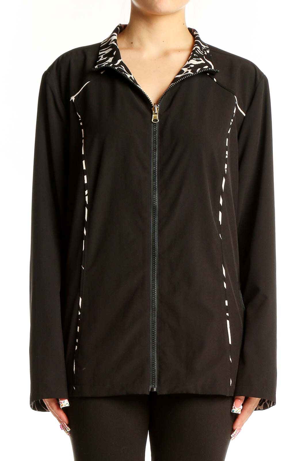Black Zip-Up Athletic Jacket Front