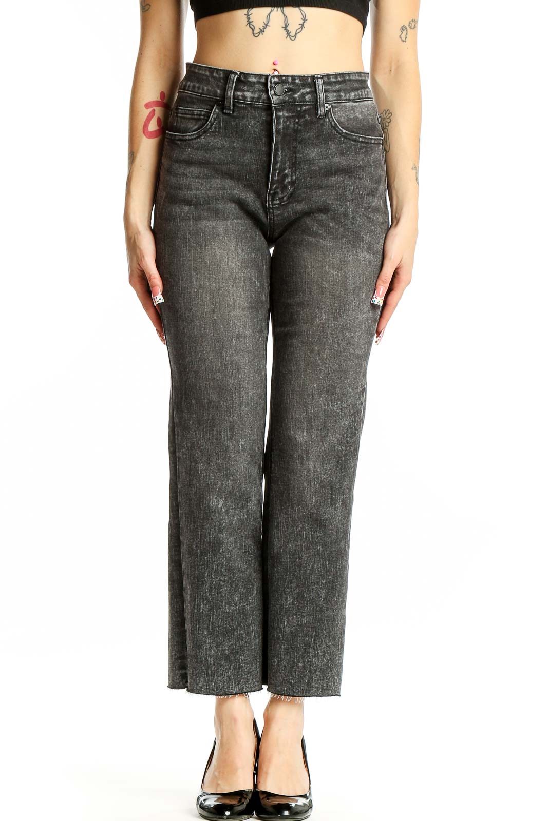 Charcoal Gray Straight Leg Denim Jeans Front