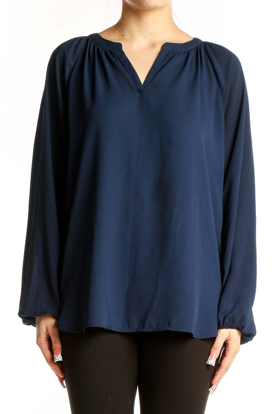 Navy Flowy V-Neck Long Sleeve Blouse Front