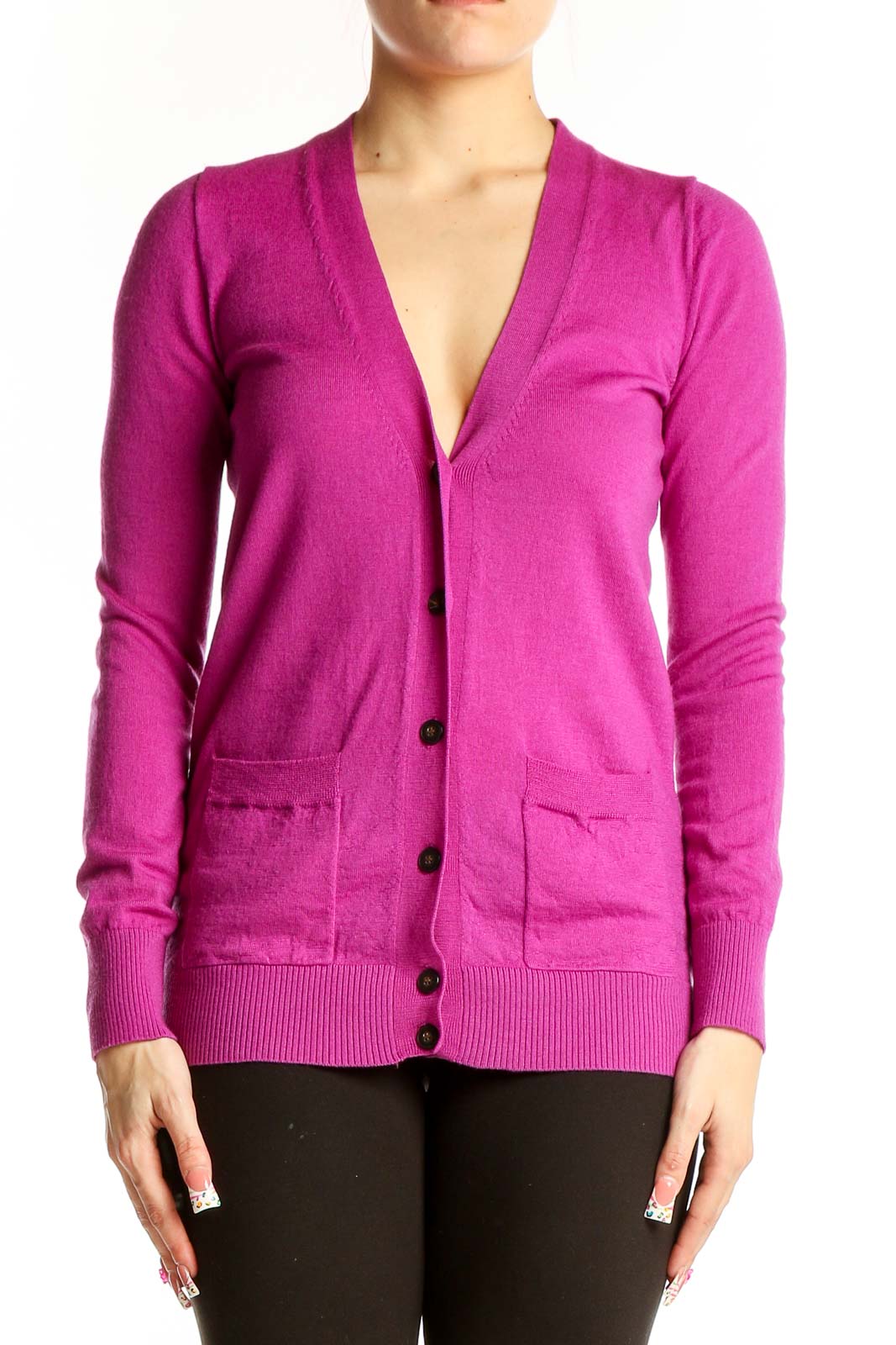 Magenta V-Neck Button-Up Cardigan Front