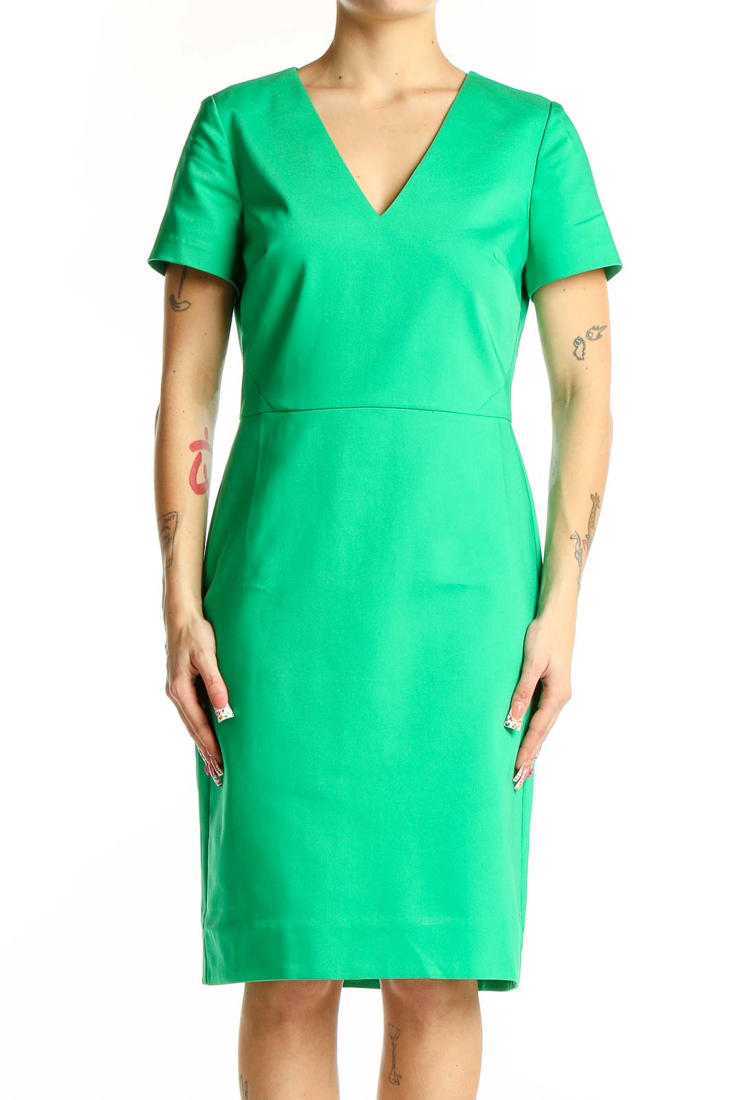 Green V-Neck Short Sleeve Sheath Dress Front