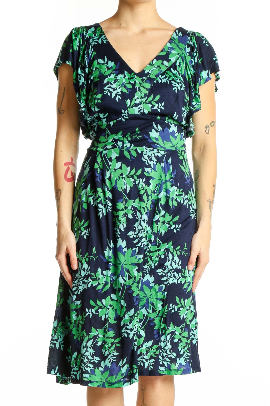 Navy Floral Flutter Sleeve Midi Dress Front