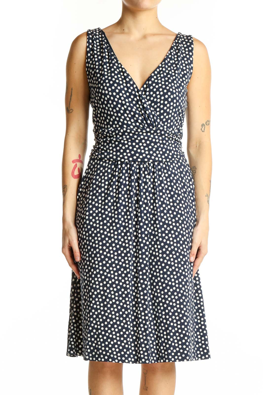 Navy Polka Dot Sleeveless Wrap Dress Front