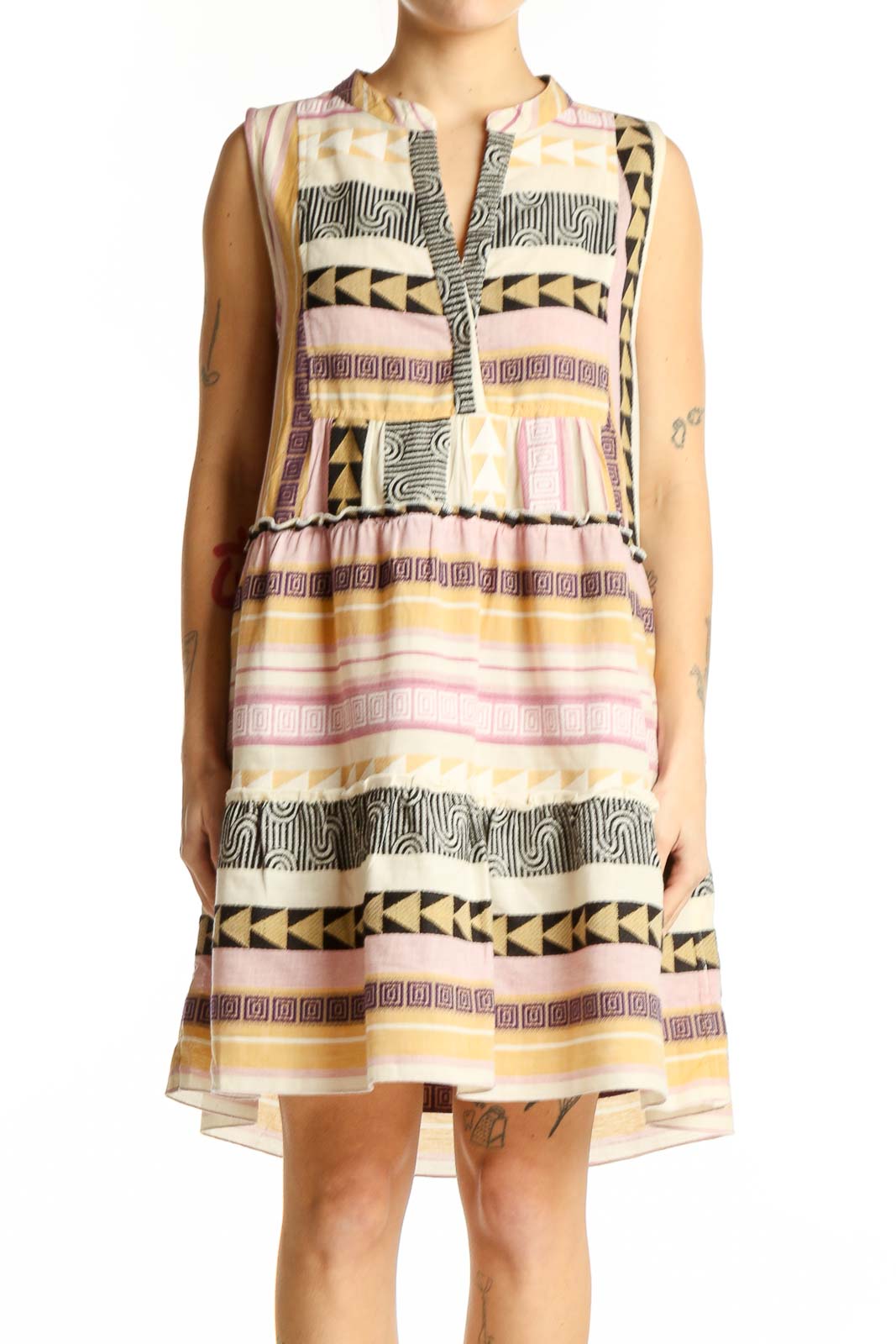 Multicolor Geometric Print Sleeveless Dress Front