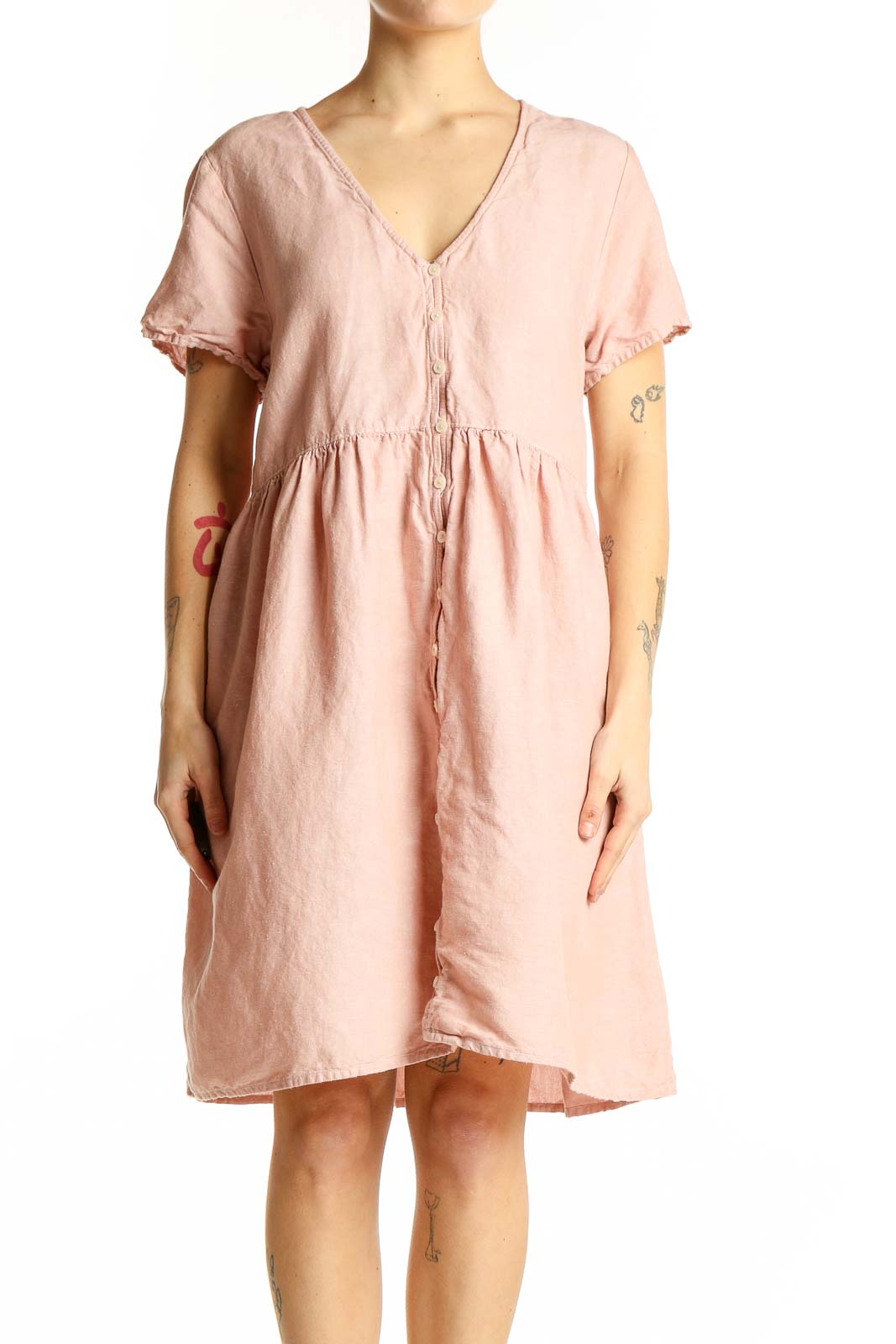 Blush Pink V-Neck Linen Blend Midi Dress Front