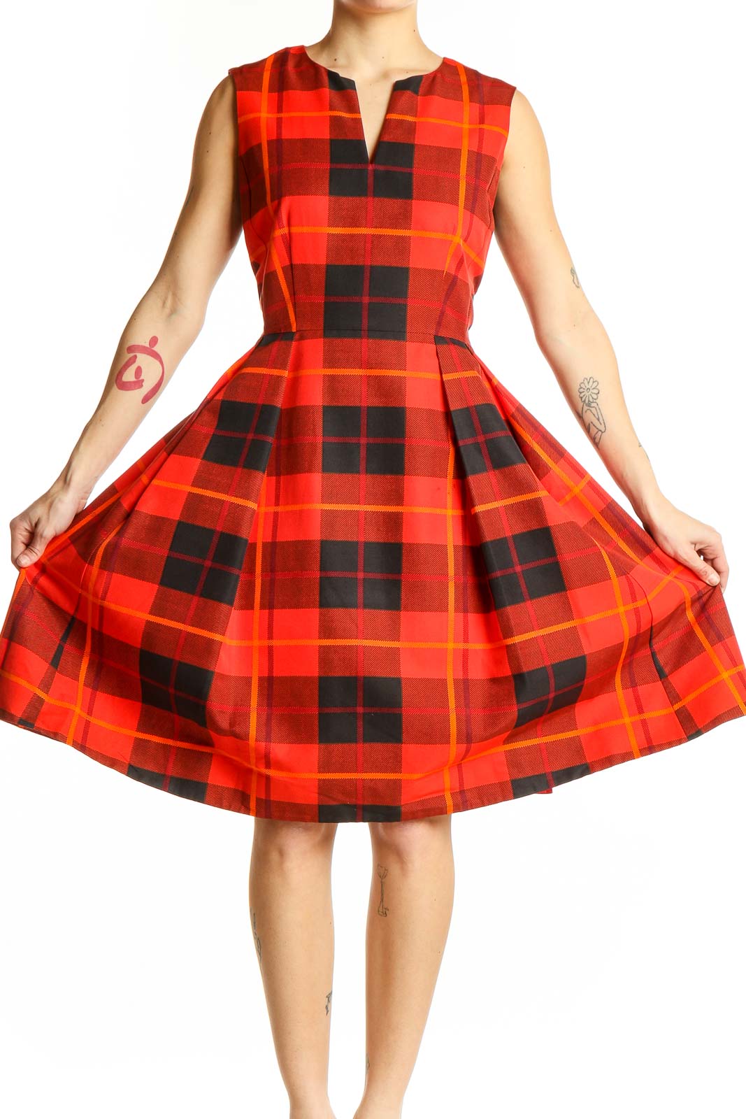Red Plaid Cotton-Silk Sleeveless Dress Front