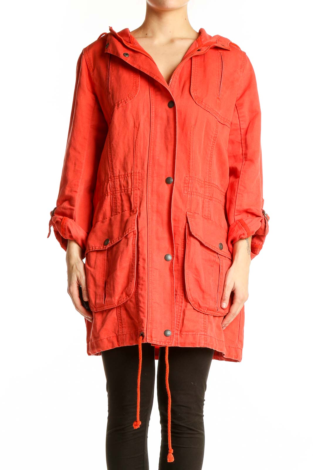 Red Cotton-Linen Blend Hooded Jacket Front