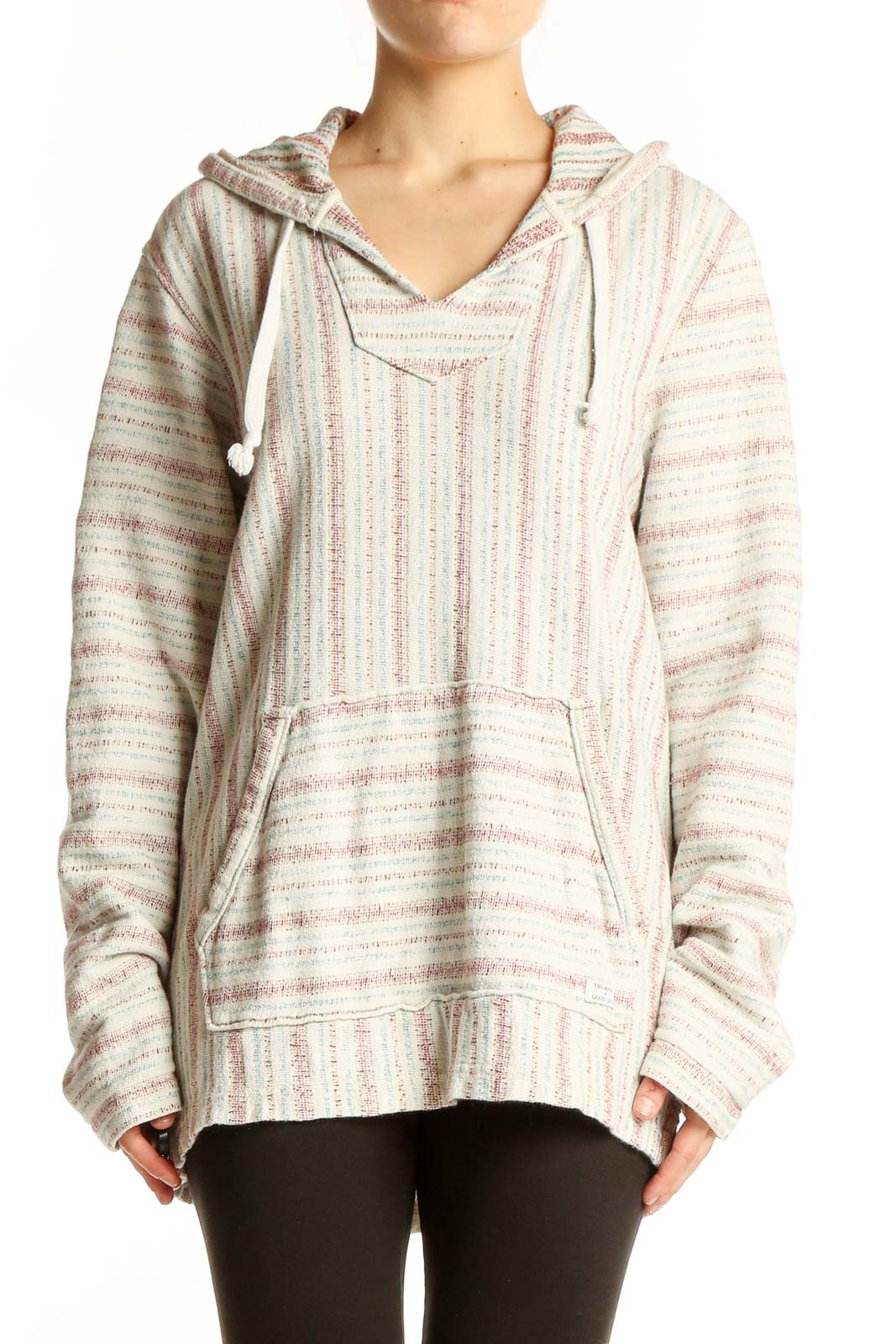 Cream Striped Hooded Knit Sweater Front