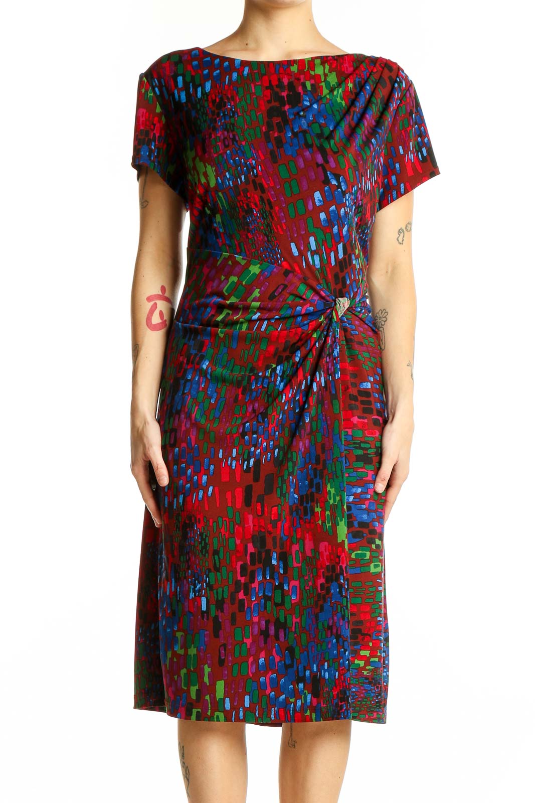 Multicolor Abstract Print Twist-Front Dress Front