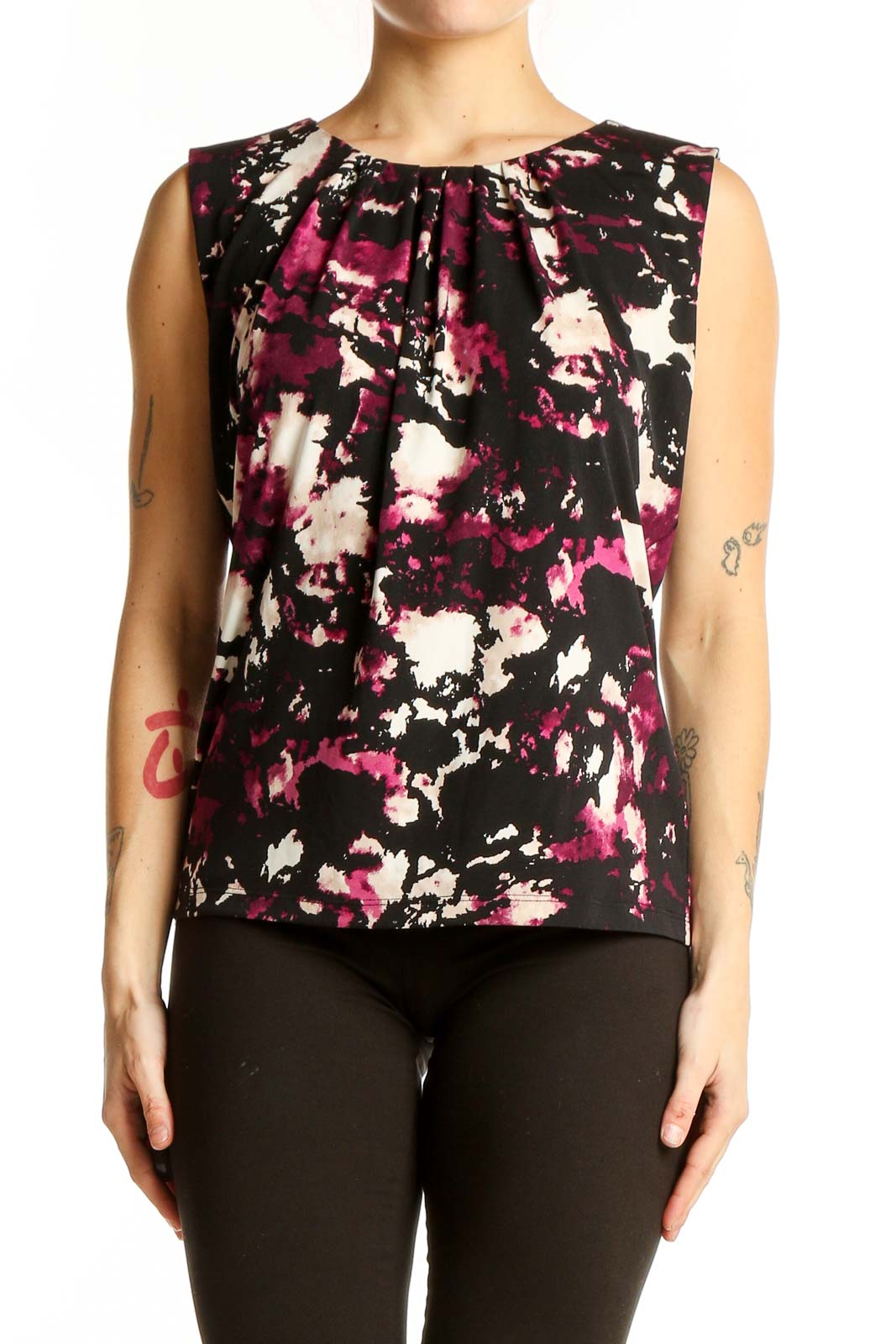 Black and Pink Abstract Print Sleeveless Top Front