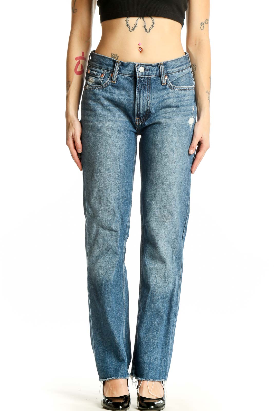Blue Distressed Straight Leg Jeans Front