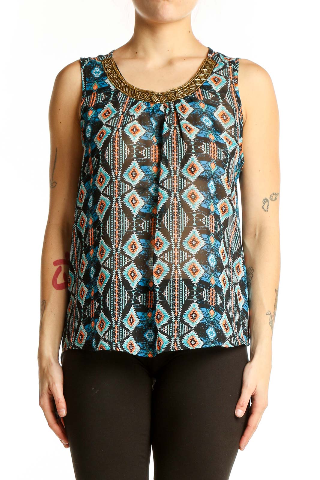 Blue Geometric Print Sleeveless Top Front