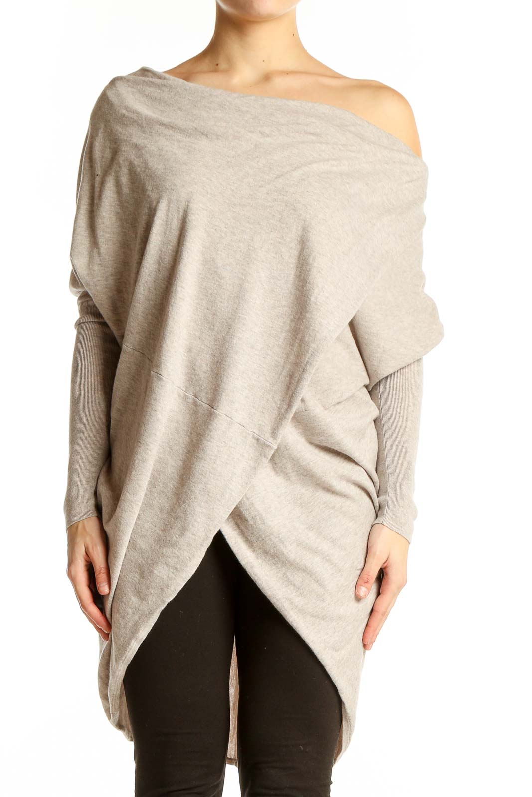 Beige Off-Shoulder Asymmetric Knit Sweater Front