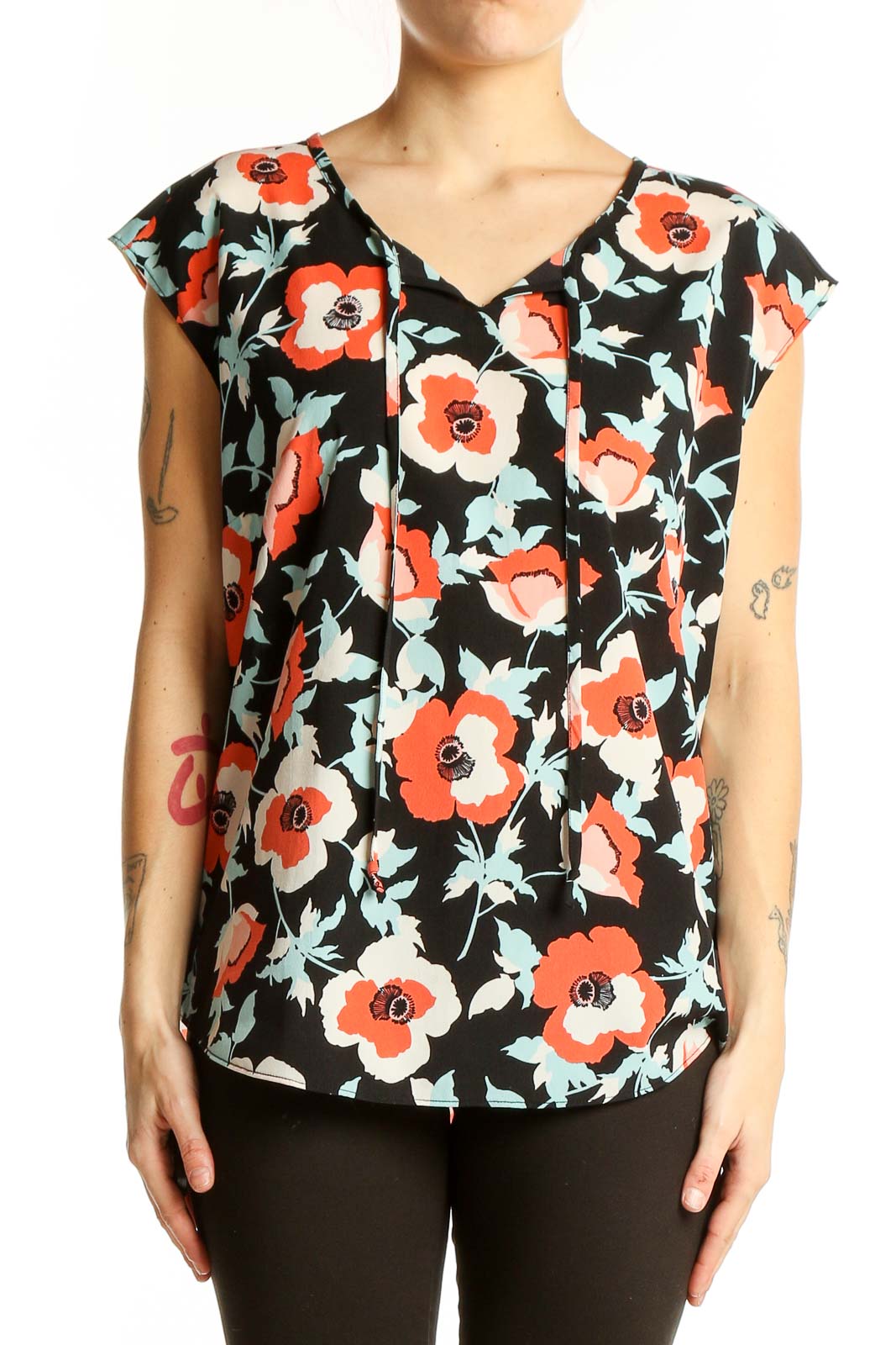 Black Floral Print Cap Sleeve Blouse Front