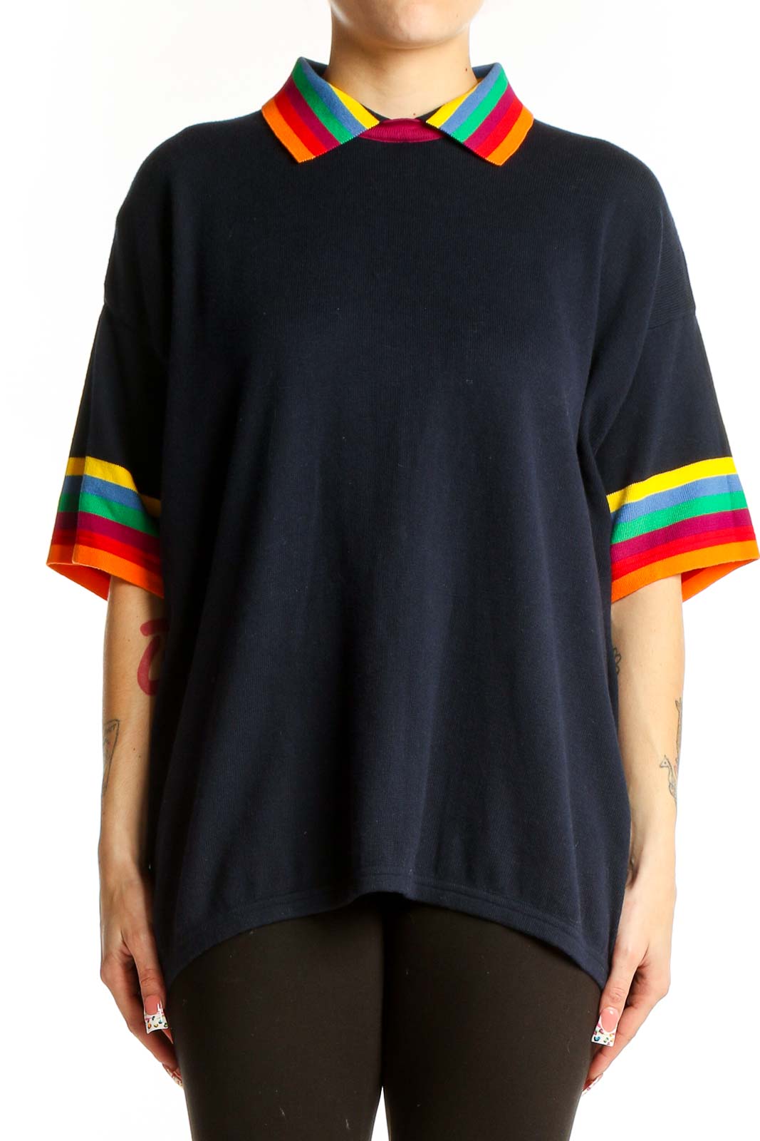 Black Rainbow-Trimmed Cotton Top Front
